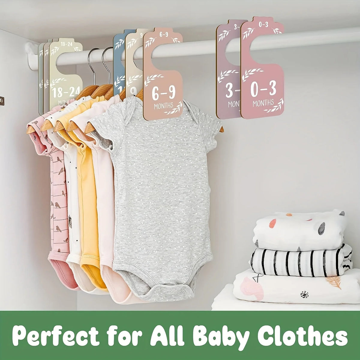 A wooden baby closet divider set with colorful, double-sided organizers for clothing storage.