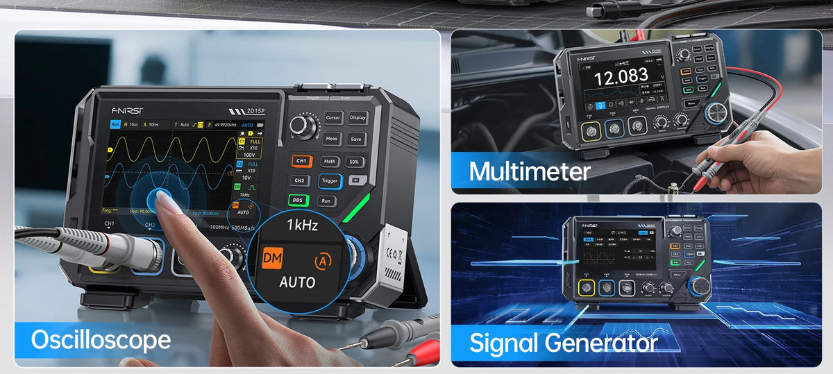 A display showing three functions of an electronic device: Oscilloscope, Multimeter, and Signal Generator.