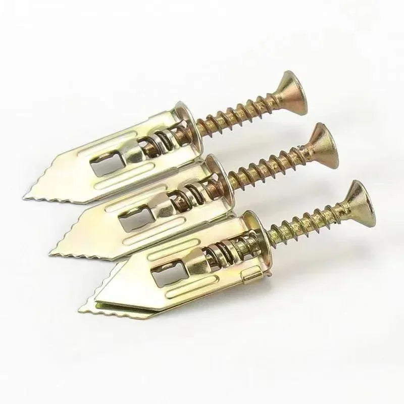 A pair of heavy-duty self-drilling drywall anchors with threaded metal screws.