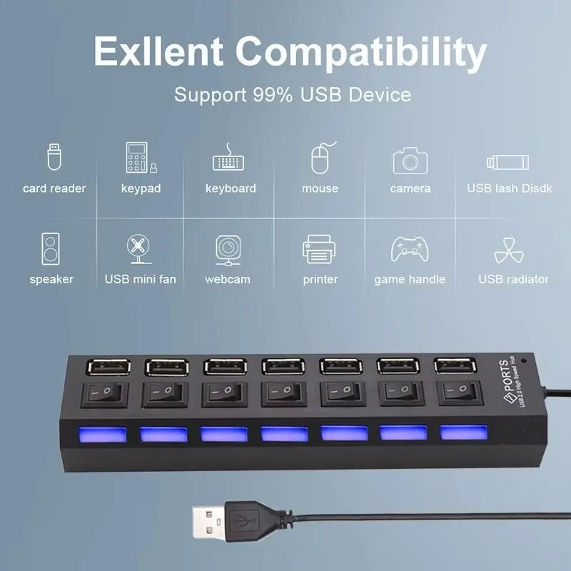 7-Port USB 2.0 Hub with Individual LED Switches