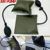 A black air pump with a green inflatable wedge is shown, along with close-ups of the product being used on a car door.