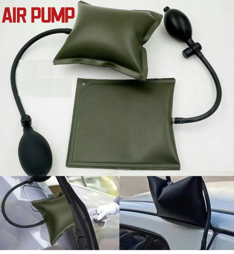A black air pump with a green inflatable wedge is shown, along with close-ups of the product being used on a car door.