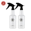 A pair of black spray bottles with pump nozzles and white caps for cleaning products.