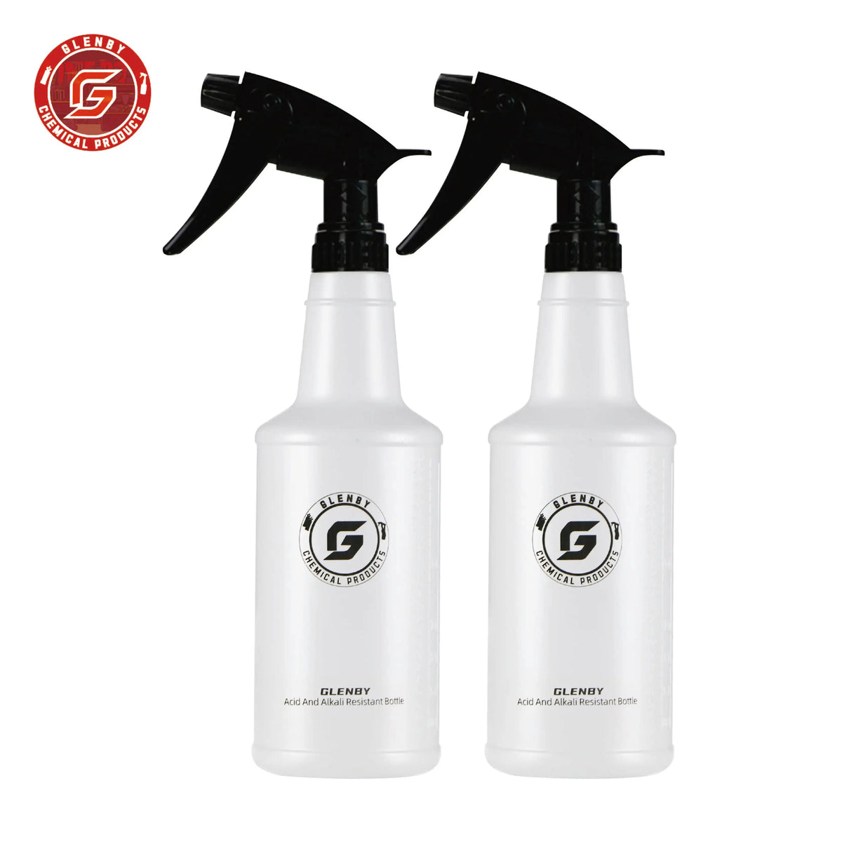 A pair of black spray bottles with pump nozzles and white caps for cleaning products.