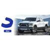 Blue front tow hook covers for a white RAM 1500 pickup truck.