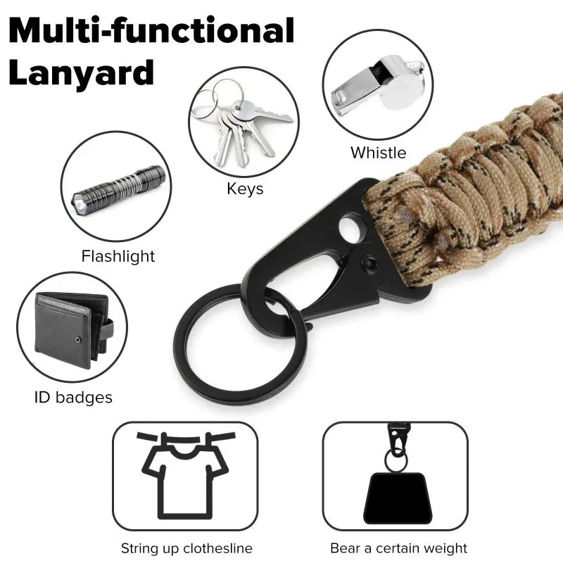 A multi-functional lanyard featuring a paracord neck strap, metal clip, and key ring, shown with various accessories.