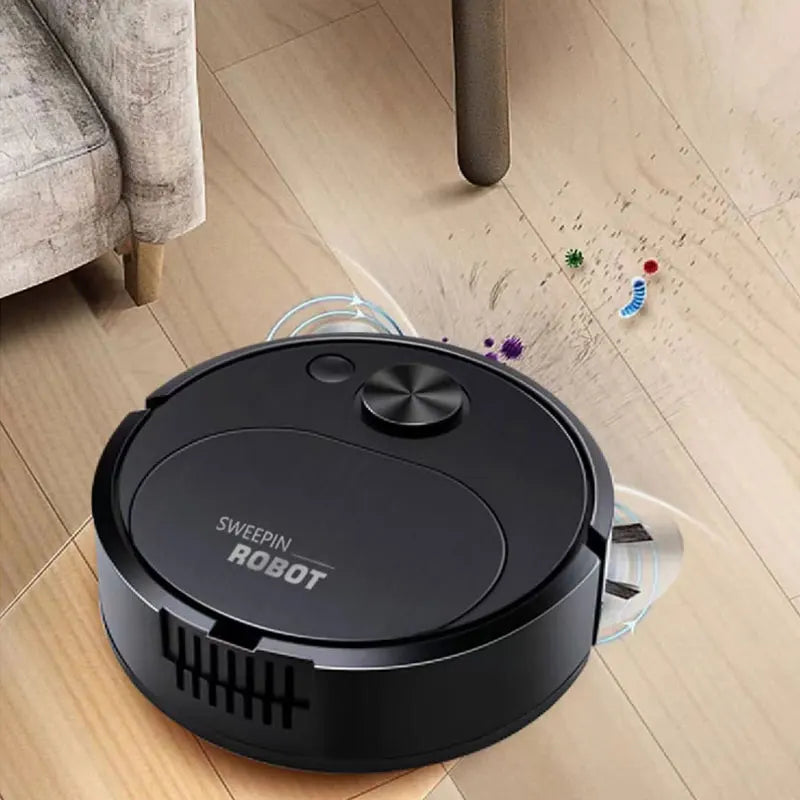 A black 3-in-1 smart robot vacuum cleaner is shown on a light wooden floor.