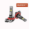 Tres bombillas para faros de coche LED de alto rendimiento, etiquetadas como H8, H9 y H11.
