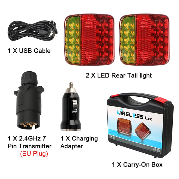 Set of wireless magnetic LED trailer taillights including cables, transmitters, and a carry-on box