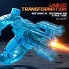 A blue LED light-up electric water blaster is shown in action, demonstrating mechanical deformation structure.