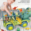 A boy is playing with a green dinosaur transport truck filled with various plastic dinosaur figures.