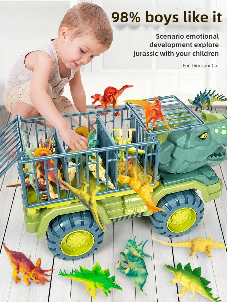A boy is playing with a green dinosaur transport truck filled with various plastic dinosaur figures.