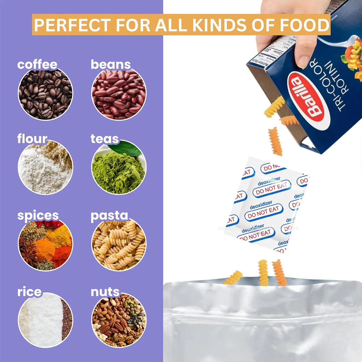 A hand is pouring a brown powder product into a clear bag, with various food items listed for use.