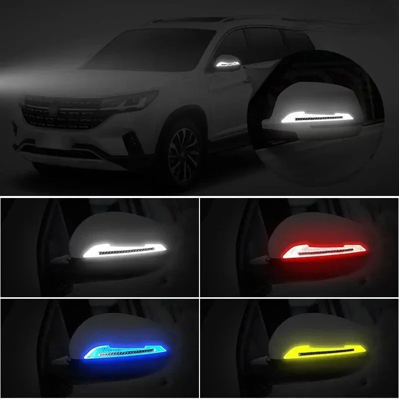Close-up shots of reflective glow-in-the-dark bumper strips installed on a car mirror.