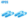 Four blue plastic clips designed to hold garbage bags or snack bags on trash cans.