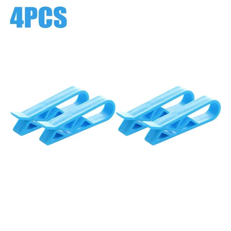 Four blue plastic clips designed to hold garbage bags or snack bags on trash cans.