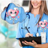 A smiling woman in blue scrubs holds a black folder, with nurse-themed badge holders floating around her.