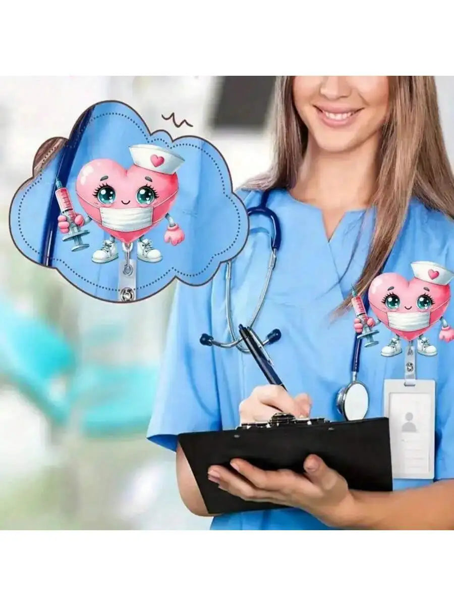A smiling woman in blue scrubs holds a black folder, with nurse-themed badge holders floating around her.