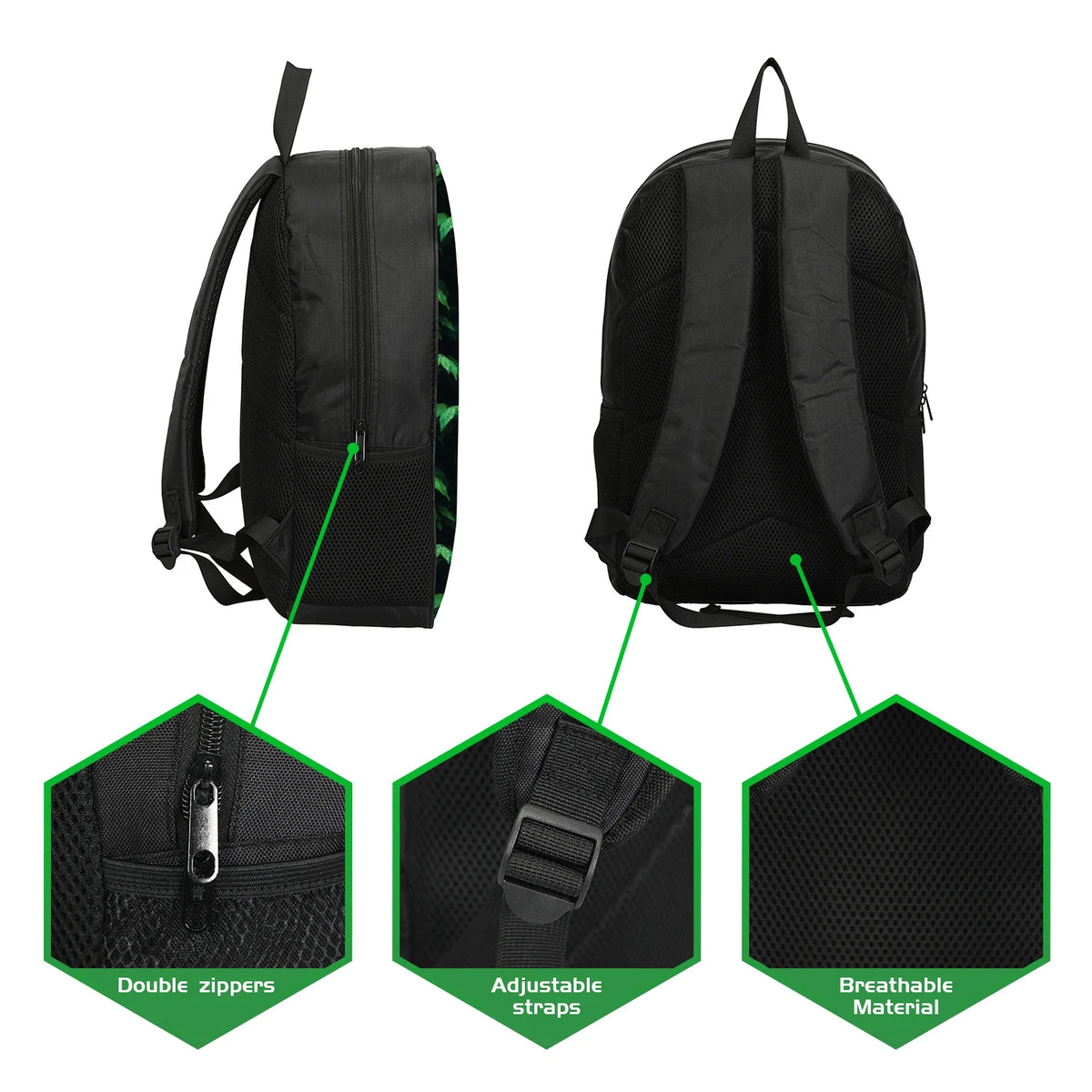 Black soccer star backpack for kids featuring double zippers, adjustable straps, and breathable material