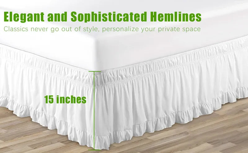 White ruffled bed skirt featuring 15 inches of elastic hemline for a queen or king bed.