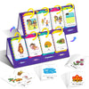 A set of purple and yellow Montessori English learning flip charts showing prepositions like in, on, and where