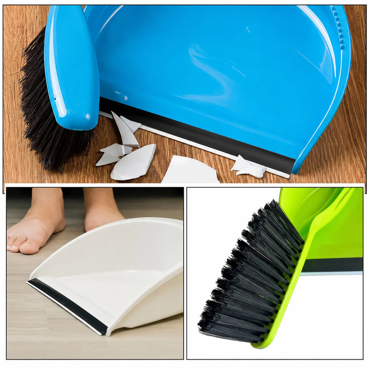 A blue compact handheld dustpan and brush set with a black cleaning pad and white plastic components.