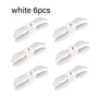 Six white cord organizers or wire winders for tidy cable management.