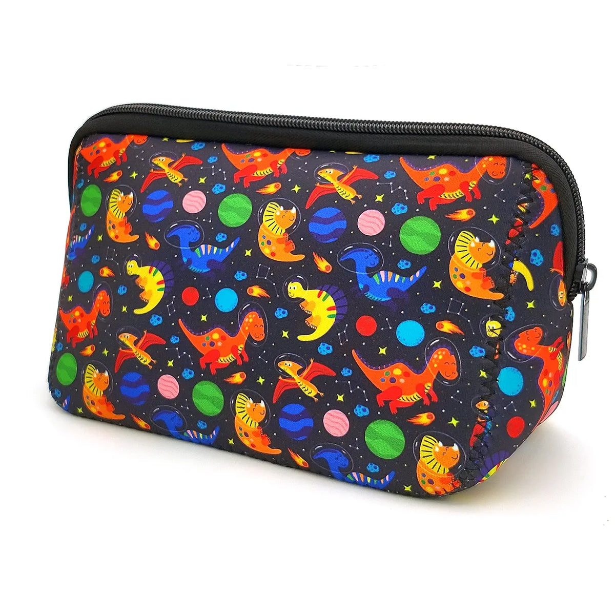 A black cosmetic bag with a colorful, speckled pattern featuring various animal silhouettes and dots.