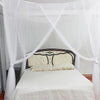 A white mosquito net draped over a bed, featuring double openings and sheer fabric.