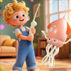 A child is playing with an interactive dancing octopus toy that has a fishing rod attached.