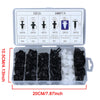 A kit of auto fastener clips and retainers for car body trim, packaged in a clear plastic container.