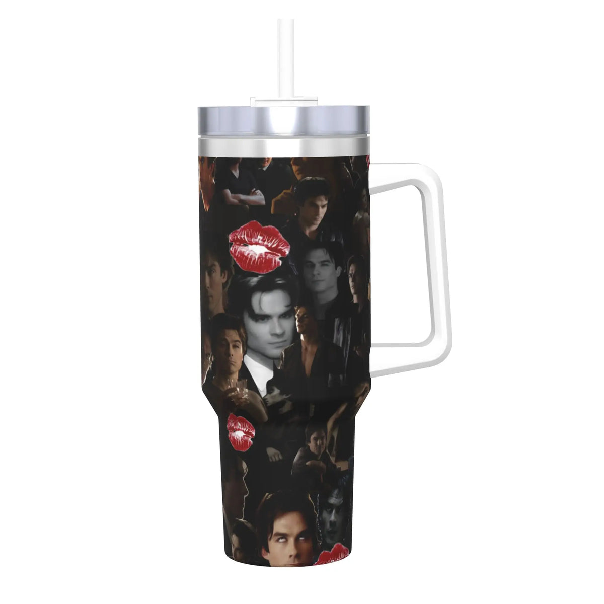 A black and white collage of various people's faces printed on an insulated stainless steel tumbler with a silver straw lid.