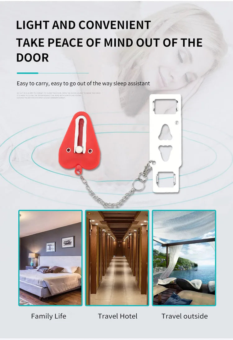 Verrou de porte à double trou en acier inoxydable avec pendentif et chaîne, montré dans divers contextes.