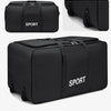 A black heavy-duty waterproof travel duffel bag shown in multiple views.