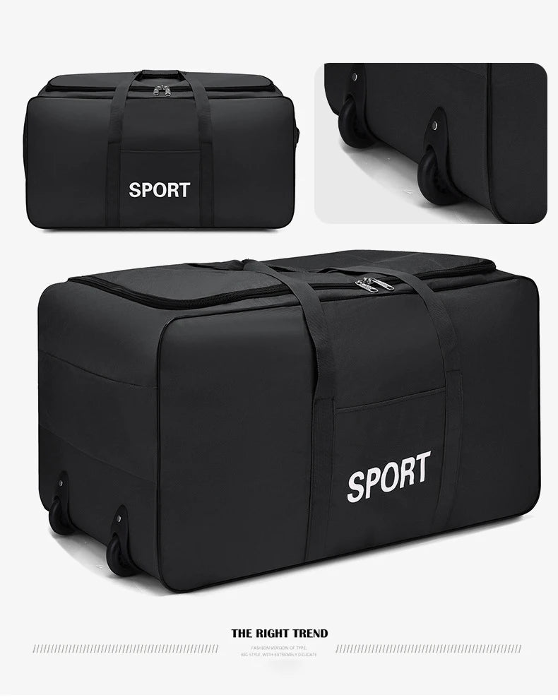 A black heavy-duty waterproof travel duffel bag shown in multiple views.