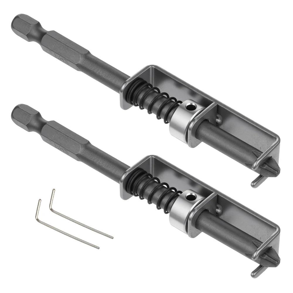 Two spring-loaded magnetic screw holder bits with a shaft and a clamping mechanism.