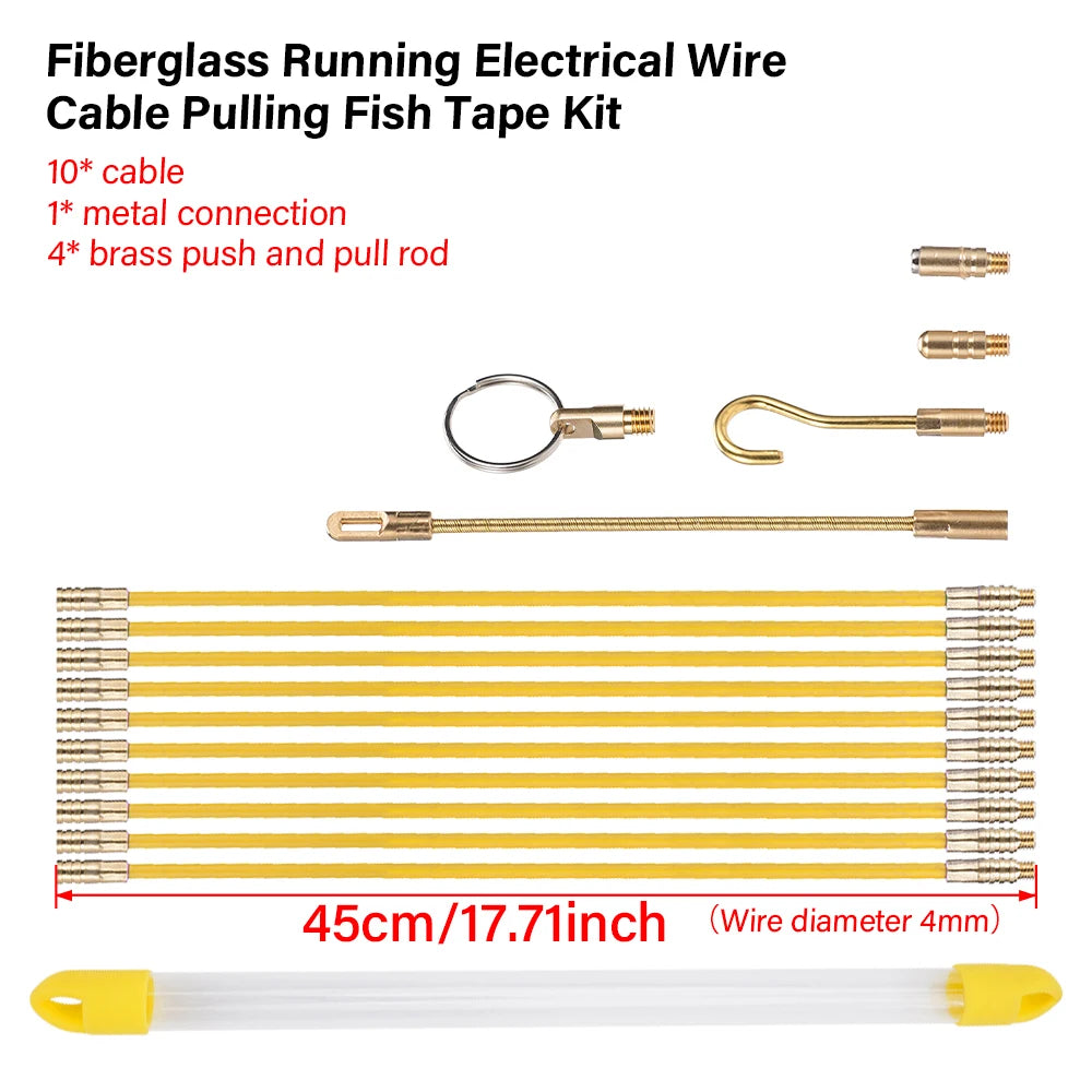 Fiberglass running electrical wire cable pulling fish tape kit with metal and brass fittings