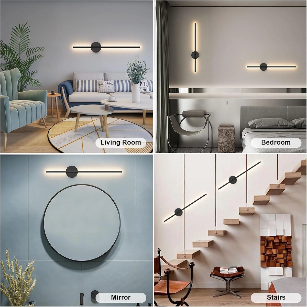 A set of modern LED wall sconces with remote control and dimmable lighting installed in a living room, bedroom, and staircase