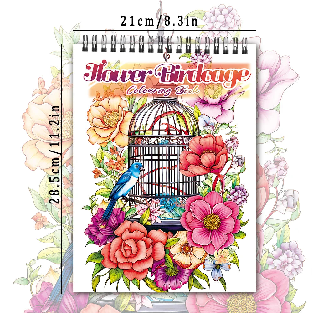 A page from a Flower Birdcage colouring book featuring a detailed illustration of a pink rose and a blue bird inside a decora