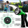 A green garden hose with ten spray patterns is shown next to a woman and child in a garden setting.