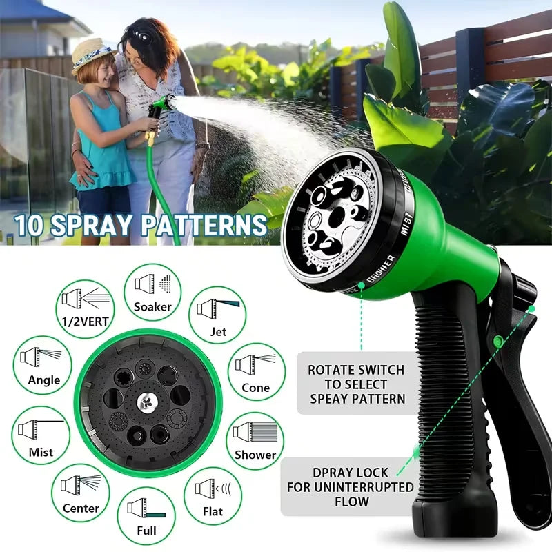 A green garden hose with ten spray patterns is shown next to a woman and child in a garden setting.