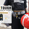 A person wearing a black shirt and tool belt demonstrates a Melotough cordless drill hook for tool belt.