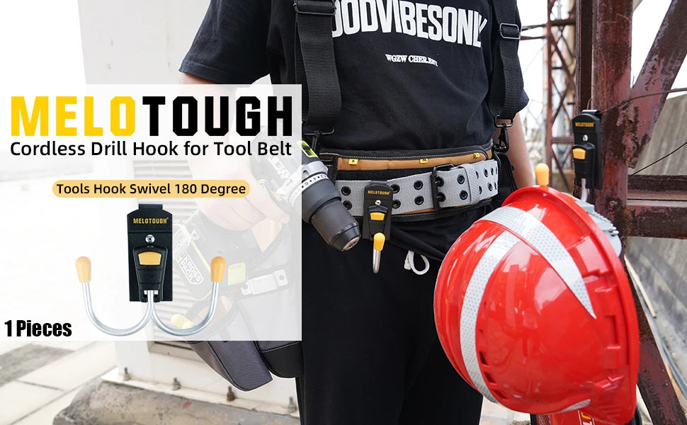 A person wearing a black shirt and tool belt demonstrates a Melotough cordless drill hook for tool belt.