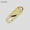 A gold-colored zipper pull with a loop for replacement or repair.
