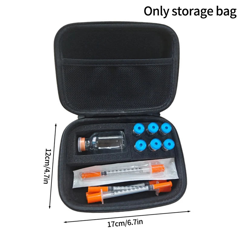 Black storage bag containing multiple small glass vials and plastic tubes for insulin or peptide storage