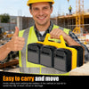 A smiling man in a safety vest holds a yellow portable battery storage organizer for power tool batteries.