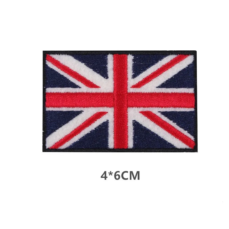 Embroidered British flag sew-on patch featuring the Union Jack design.