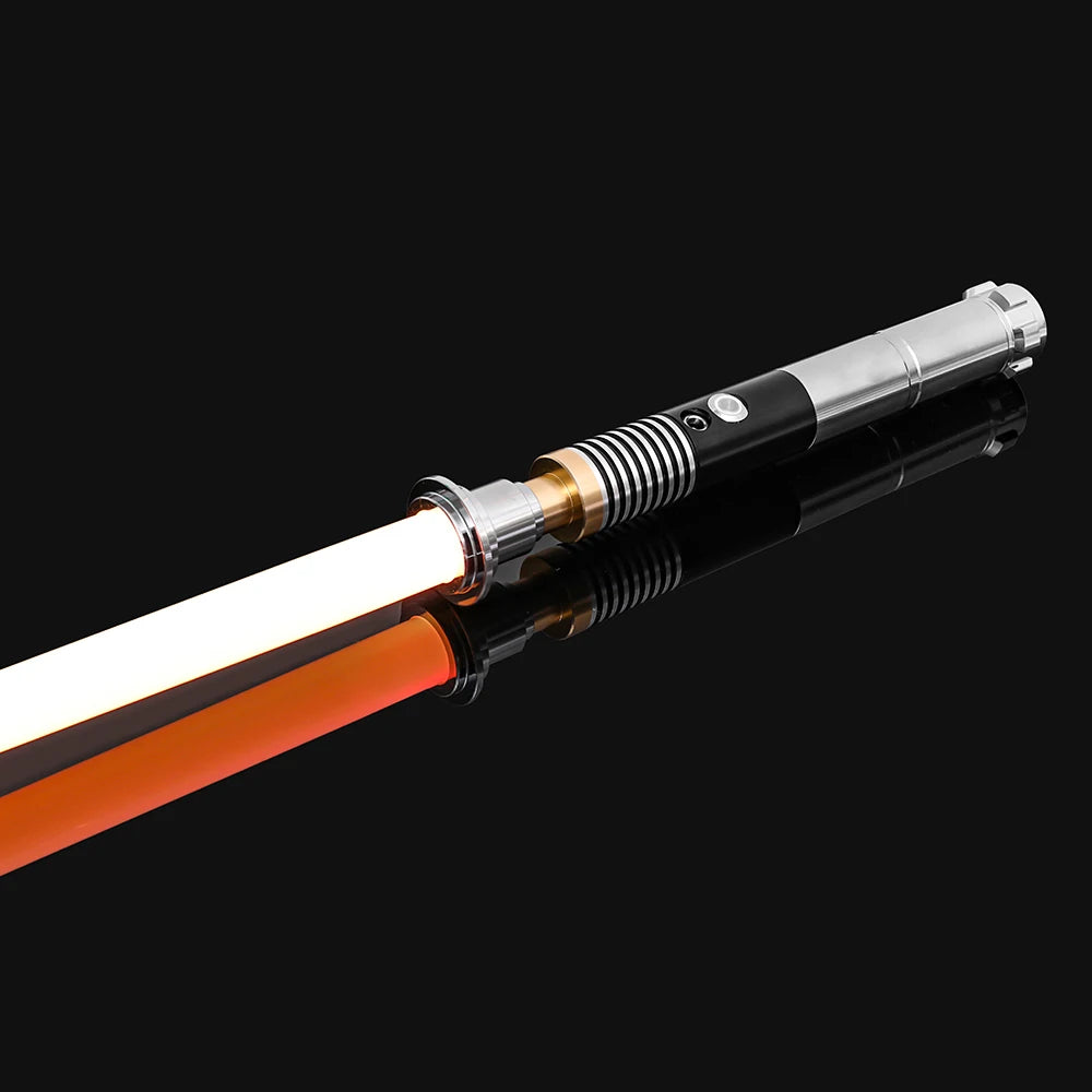 An RGB metal lightsaber with an orange blade and silver hilt, shown against a black background.