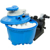 Blauer Filterball zum Poolreinigen mit Deckel und schwarzer Ventilbaugruppe.