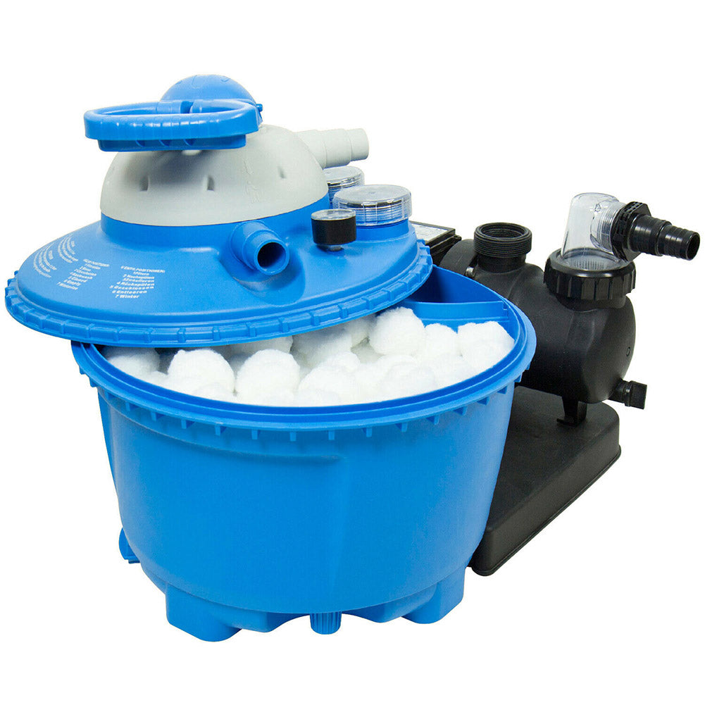Blauer Filterball zum Poolreinigen mit Deckel und schwarzer Ventilbaugruppe.